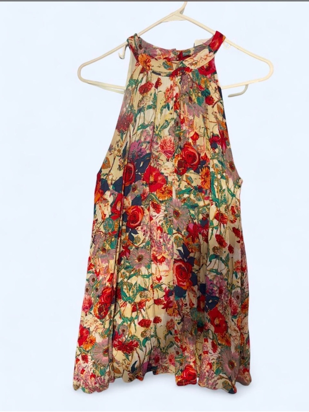 Entro Floral Halter Swing Dress- Beige with Red & Green Floral Print